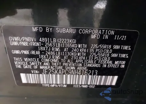 2022 Subaru Forester Limited z USA, uszkodzony, nr VIN JF2SKAPC9NH416213